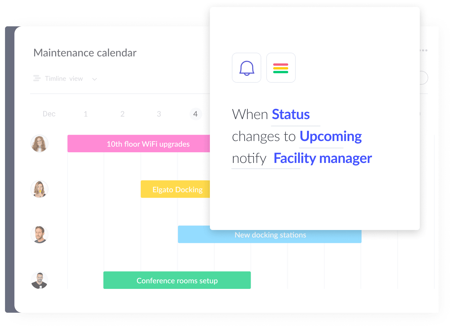 Timeline view with status change automation recipe on the right side